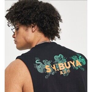 ASOS DESIGN Relaxed Fit Tank Black SHIBUYA Souvenir City Print Sz M